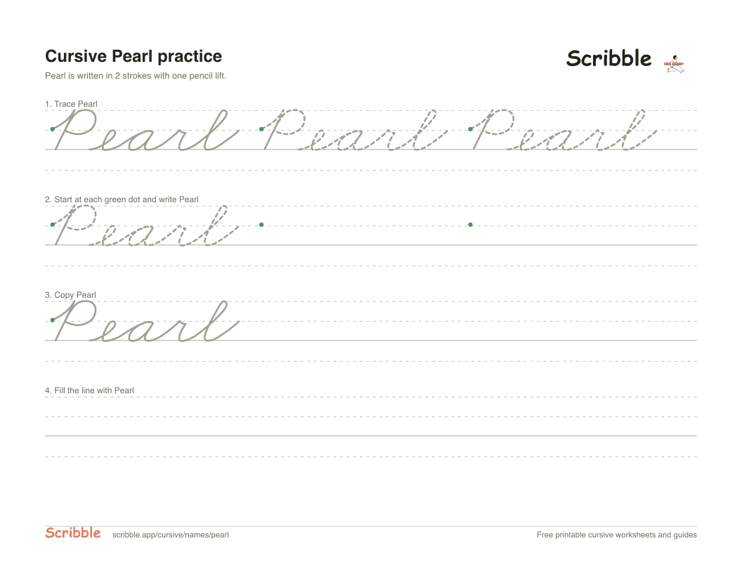 Preview of the printable Pearl in cursive worksheet: trace, copy, and practice rows