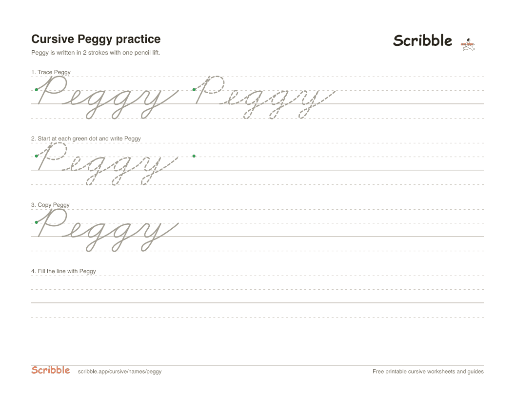 Preview of the printable Peggy in cursive worksheet: trace, copy, and practice rows