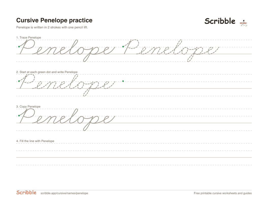 Preview of the printable Penelope in cursive worksheet: trace, copy, and practice rows