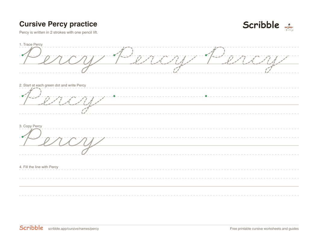 Preview of the printable Percy in cursive worksheet: trace, copy, and practice rows