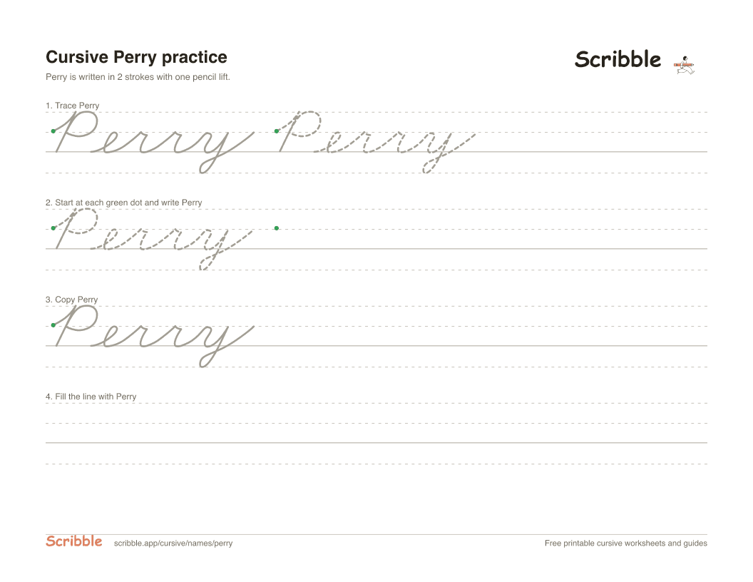 Preview of the printable Perry in cursive worksheet: trace, copy, and practice rows