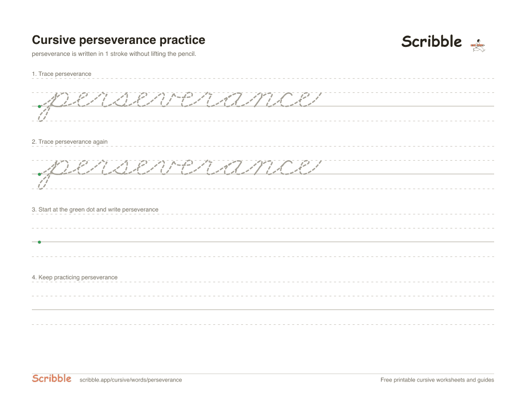 Preview of the printable perseverance in cursive worksheet: trace, copy, and practice rows