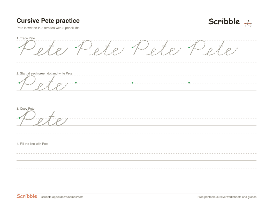 Preview of the printable Pete in cursive worksheet: trace, copy, and practice rows