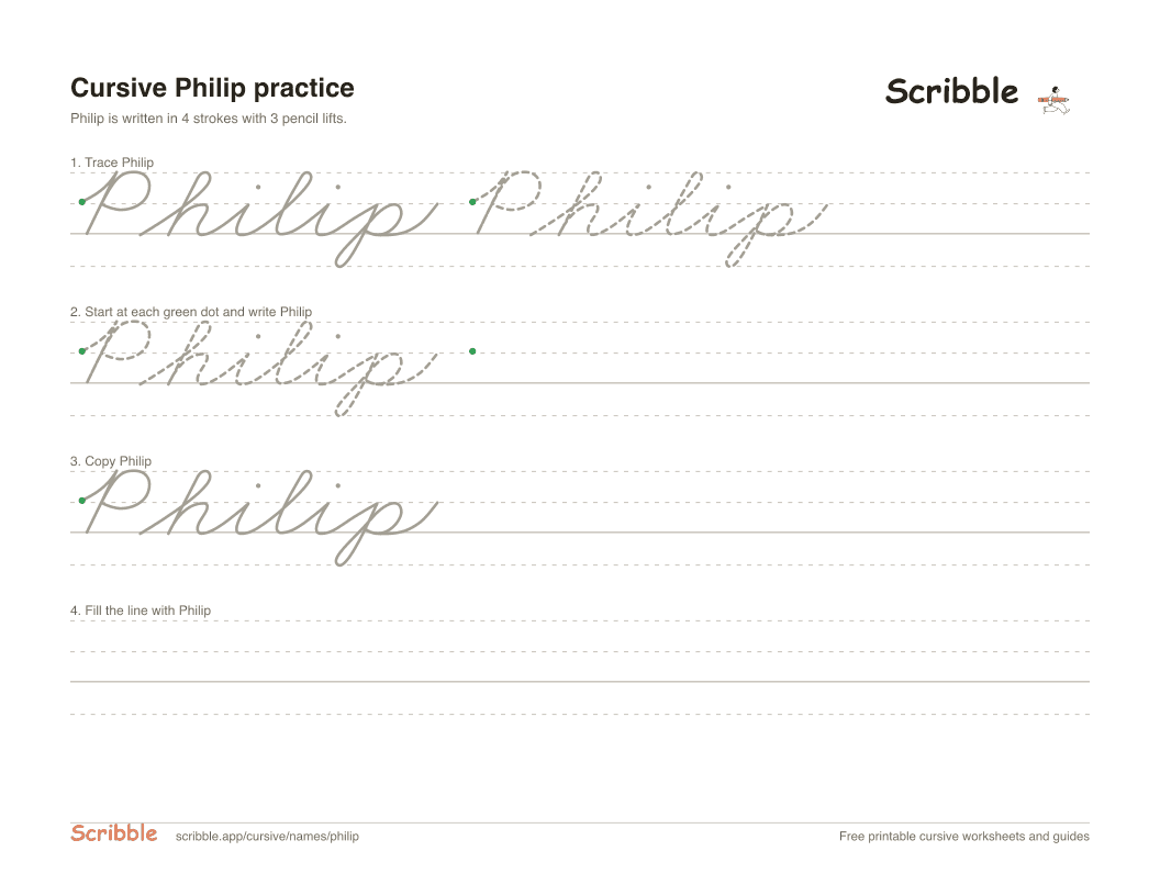 Preview of the printable Philip in cursive worksheet: trace, copy, and practice rows