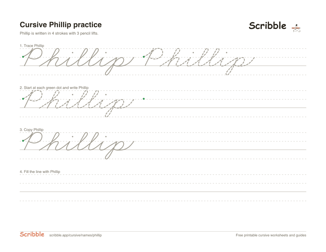 Preview of the printable Phillip in cursive worksheet: trace, copy, and practice rows