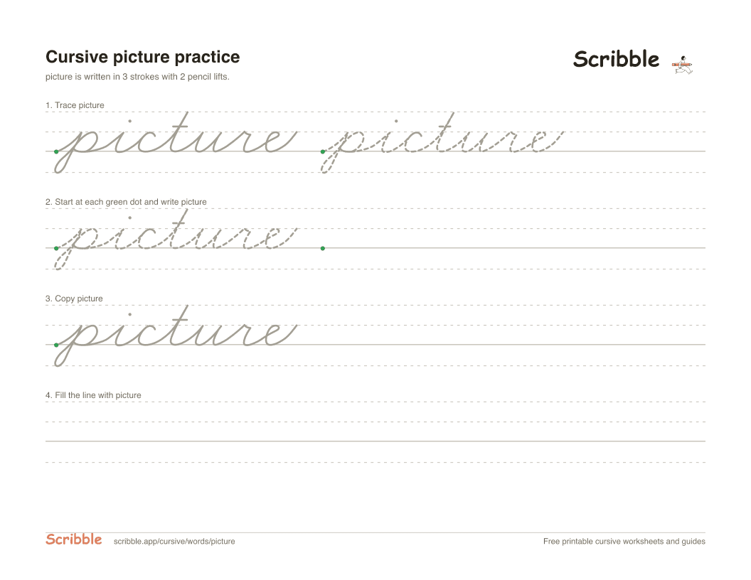 Preview of the printable picture in cursive worksheet: trace, copy, and practice rows