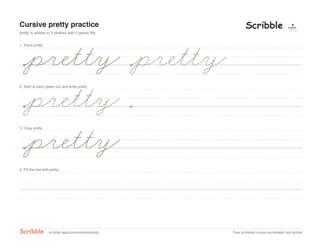 Preview of the printable pretty in cursive worksheet: trace, copy, and practice rows