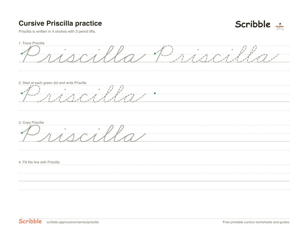 Preview of the printable Priscilla in cursive worksheet: trace, copy, and practice rows