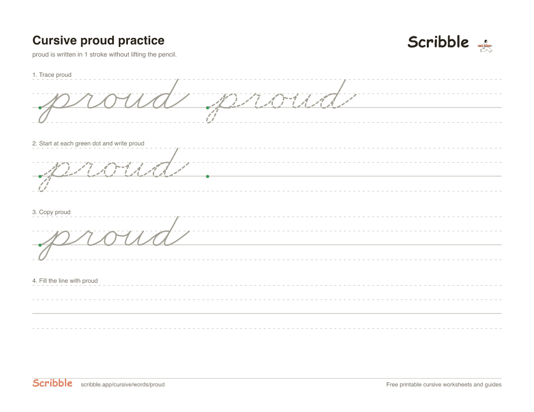 Preview of the printable proud in cursive worksheet: trace, copy, and practice rows
