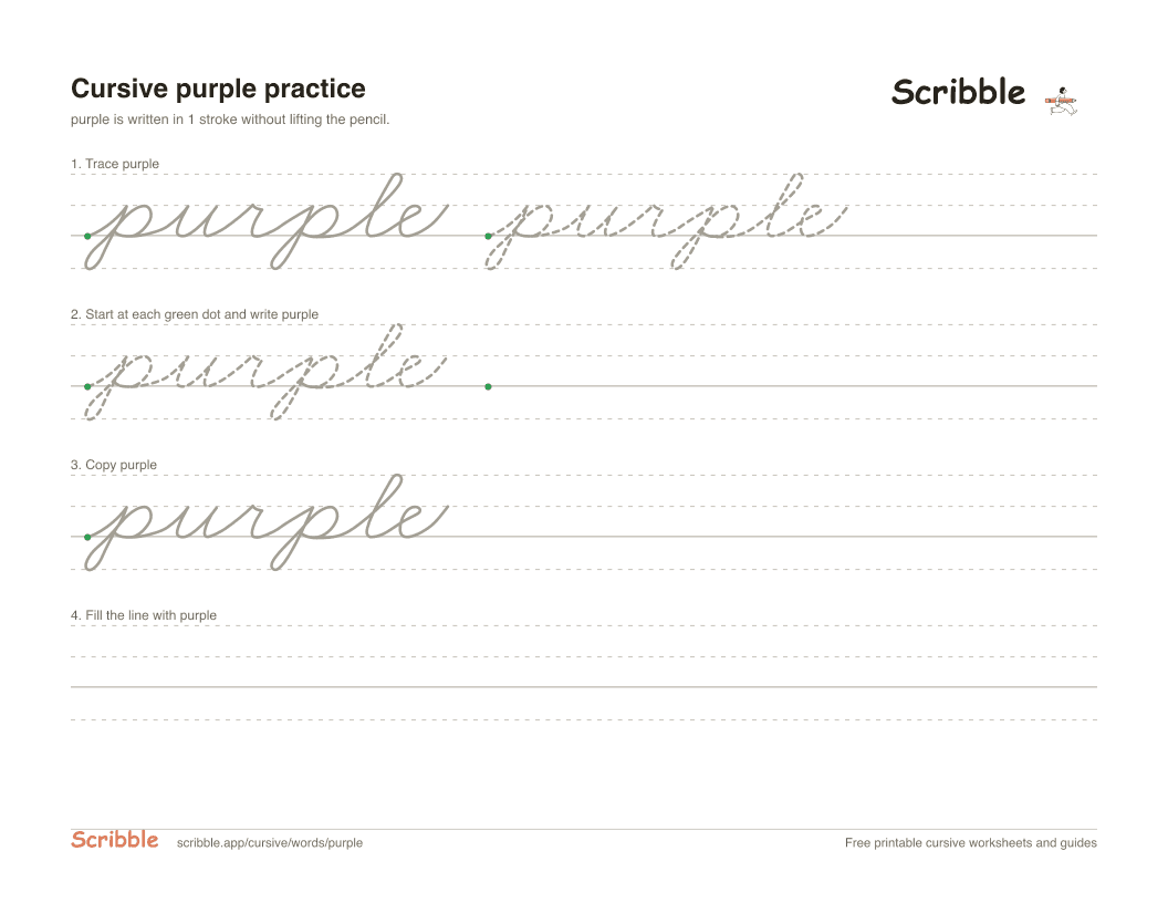 Preview of the printable purple in cursive worksheet: trace, copy, and practice rows