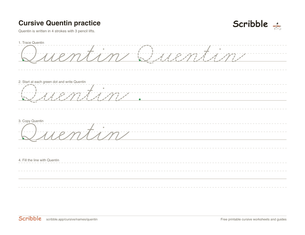 Preview of the printable Quentin in cursive worksheet: trace, copy, and practice rows