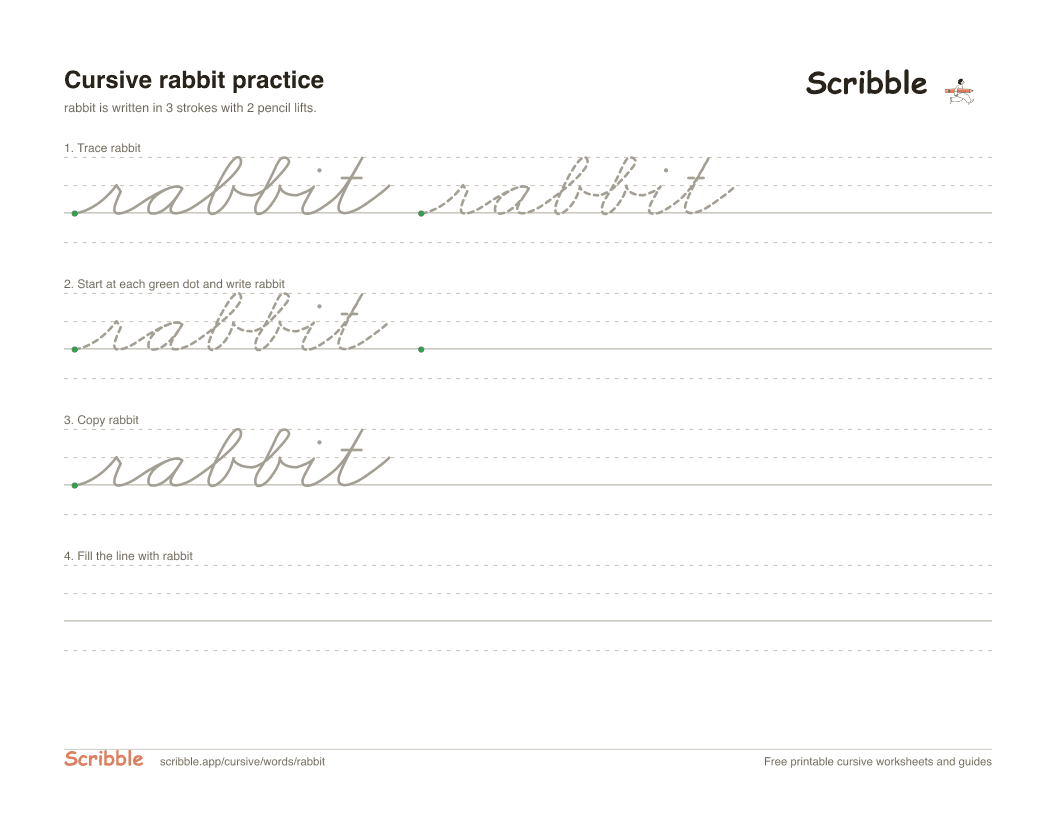 Preview of the printable rabbit in cursive worksheet: trace, copy, and practice rows