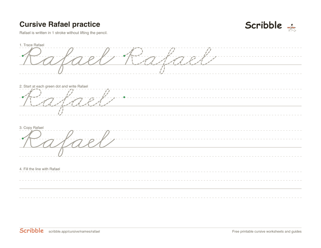 Preview of the printable Rafael in cursive worksheet: trace, copy, and practice rows