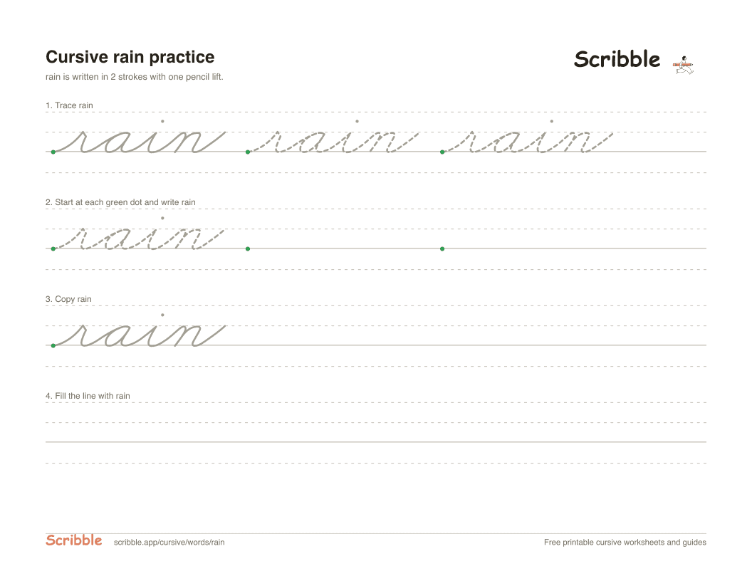 Preview of the printable rain in cursive worksheet: trace, copy, and practice rows