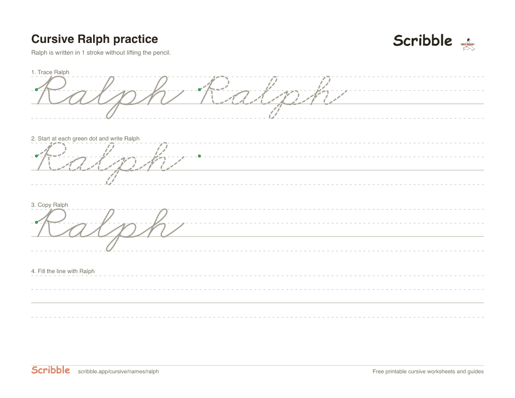 Preview of the printable Ralph in cursive worksheet: trace, copy, and practice rows