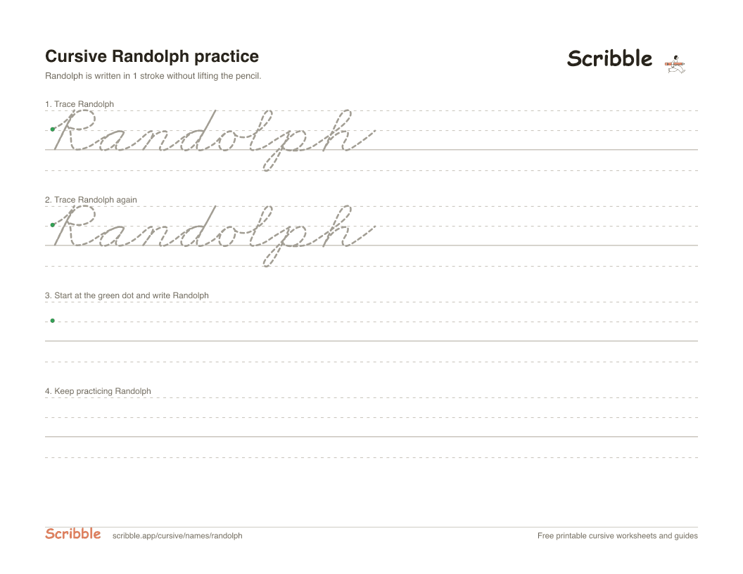 Preview of the printable Randolph in cursive worksheet: trace, copy, and practice rows