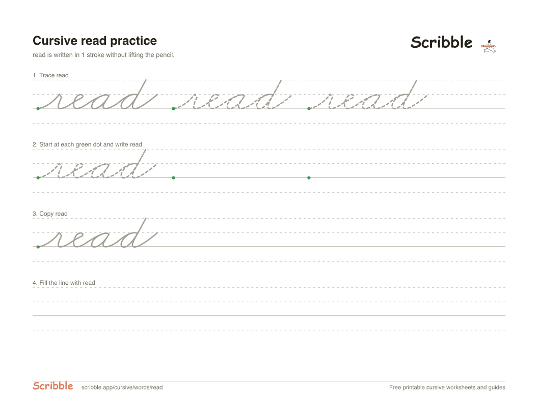 Preview of the printable read in cursive worksheet: trace, copy, and practice rows