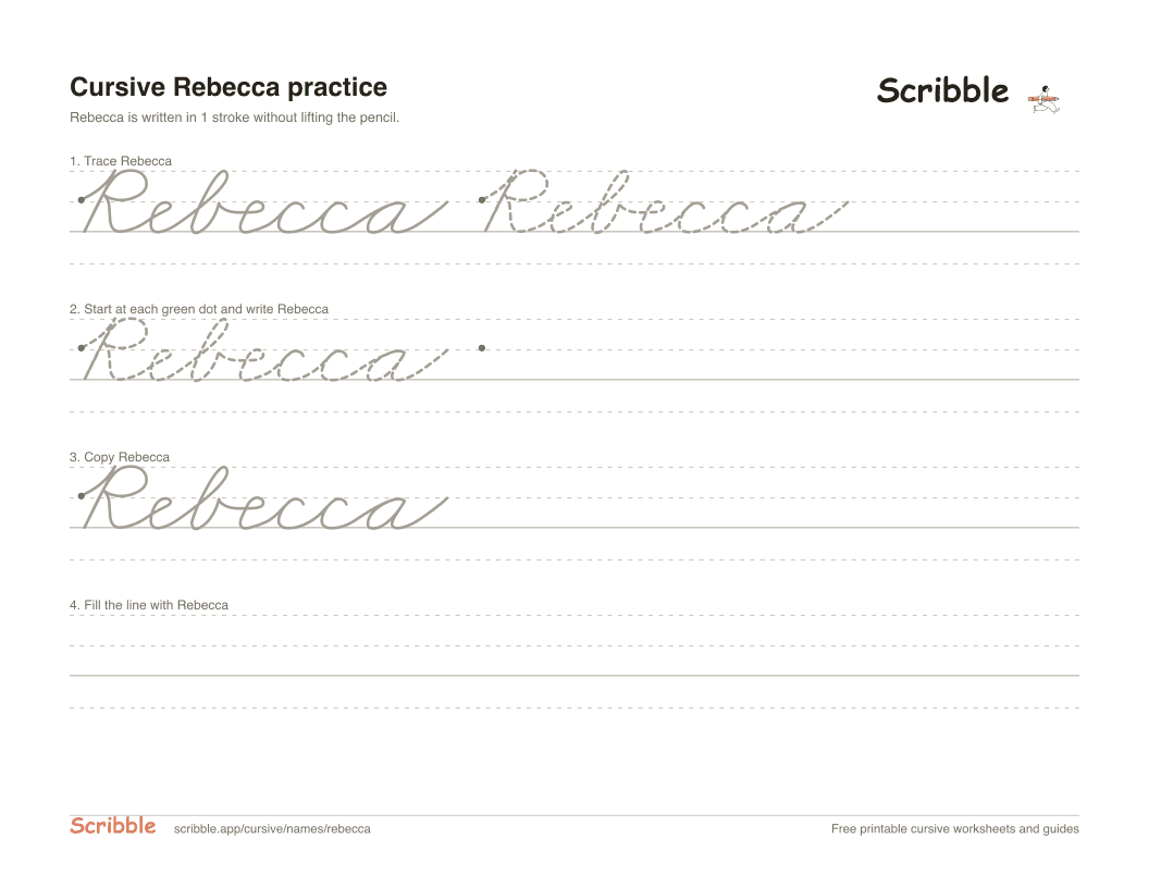 Preview of the printable Rebecca in cursive worksheet: trace, copy, and practice rows