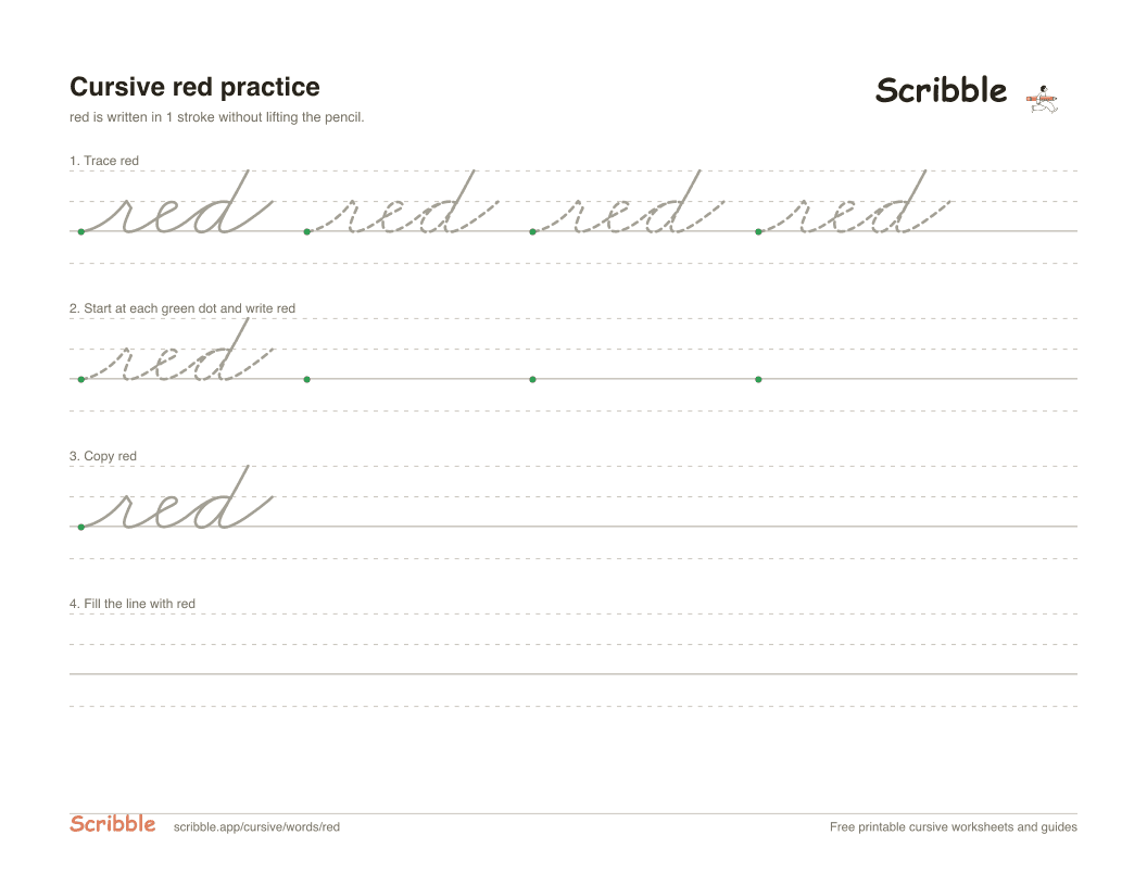 Preview of the printable red in cursive worksheet: trace, copy, and practice rows