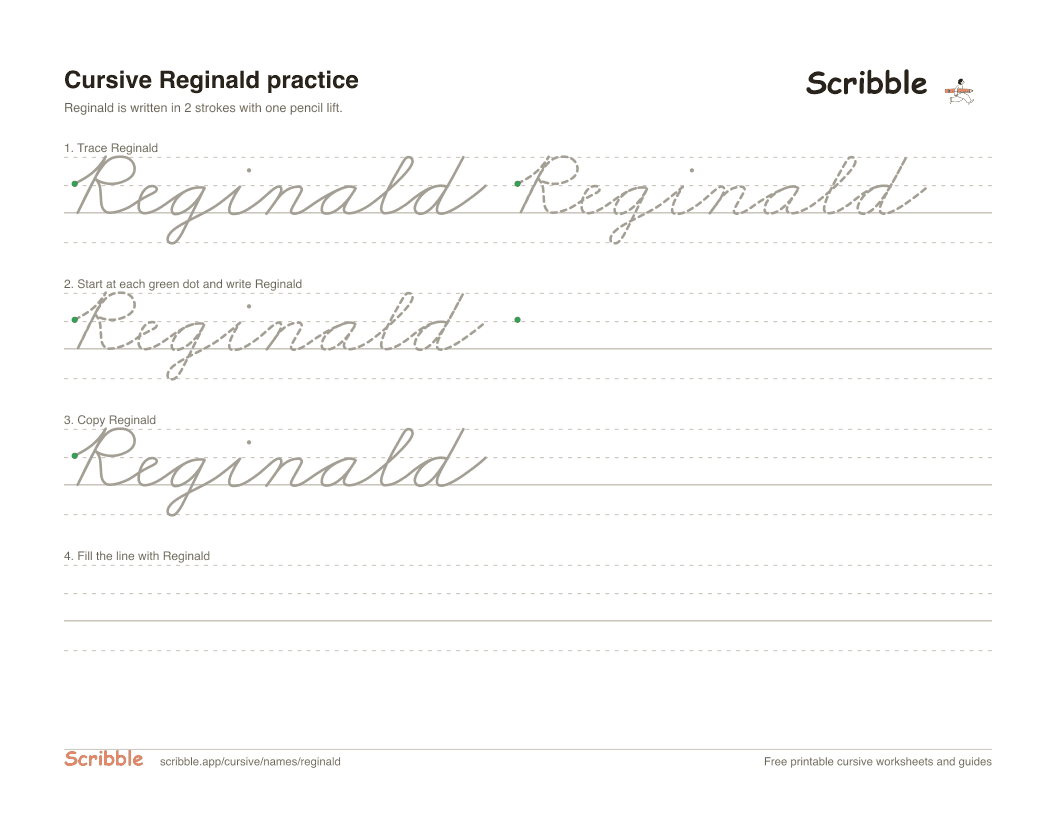Preview of the printable Reginald in cursive worksheet: trace, copy, and practice rows