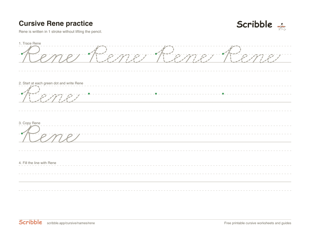 Preview of the printable Rene in cursive worksheet: trace, copy, and practice rows
