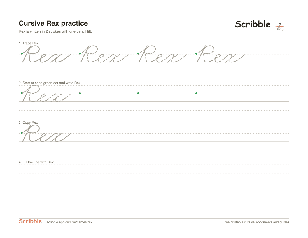 Preview of the printable Rex in cursive worksheet: trace, copy, and practice rows