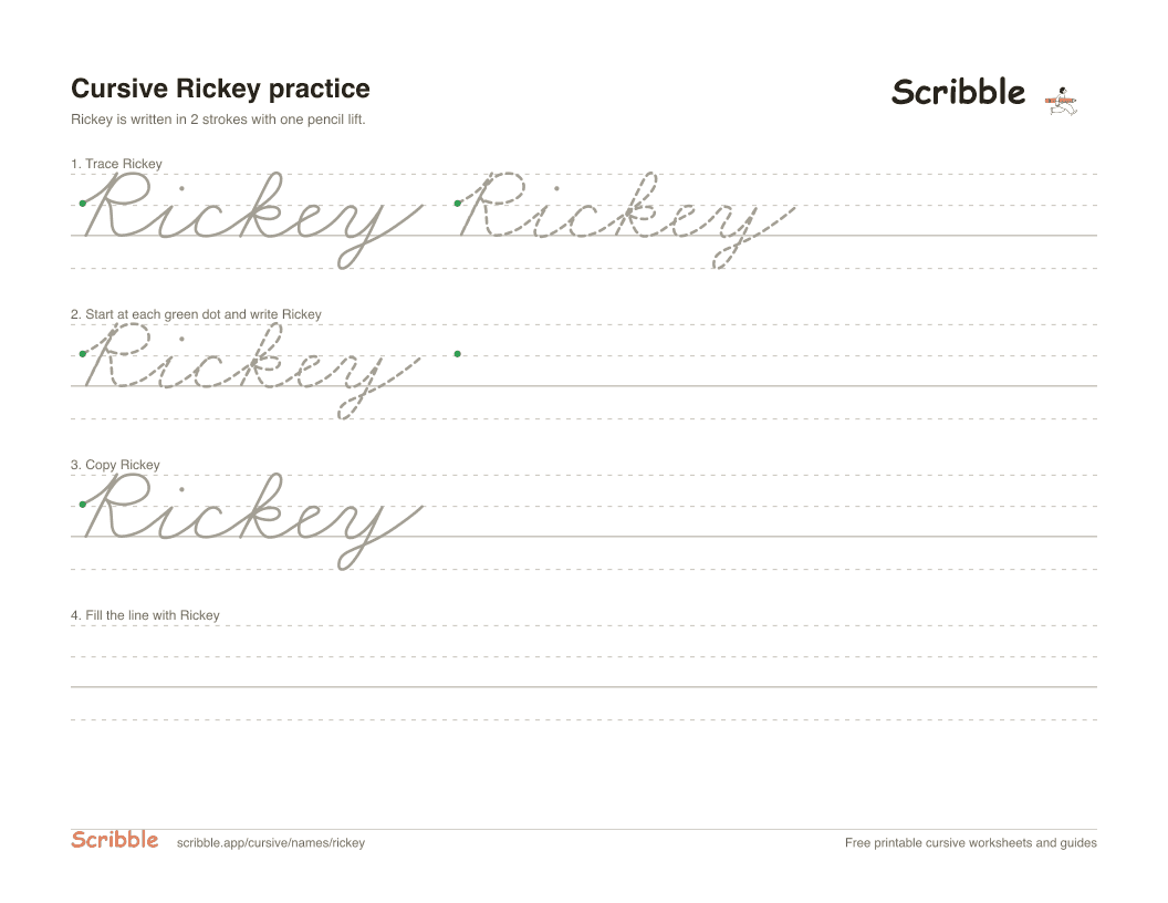 Preview of the printable Rickey in cursive worksheet: trace, copy, and practice rows