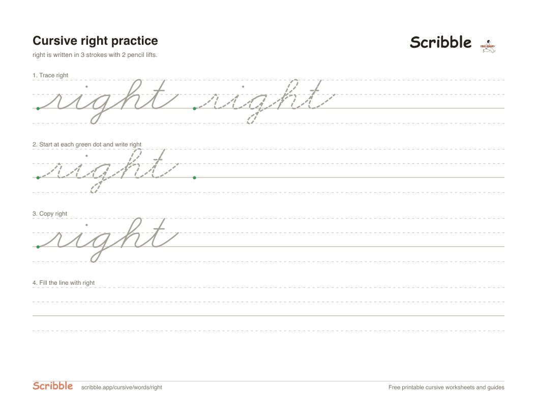 Preview of the printable right in cursive worksheet: trace, copy, and practice rows