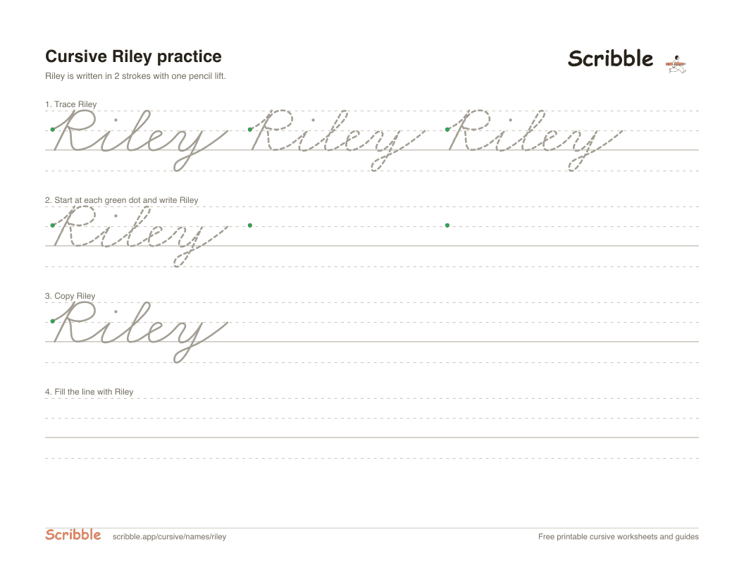 Preview of the printable Riley in cursive worksheet: trace, copy, and practice rows