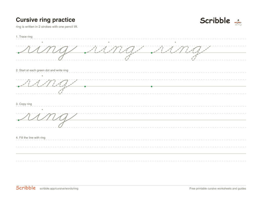 Preview of the printable ring in cursive worksheet: trace, copy, and practice rows