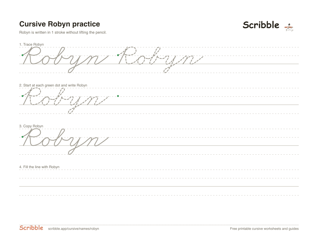 Preview of the printable Robyn in cursive worksheet: trace, copy, and practice rows