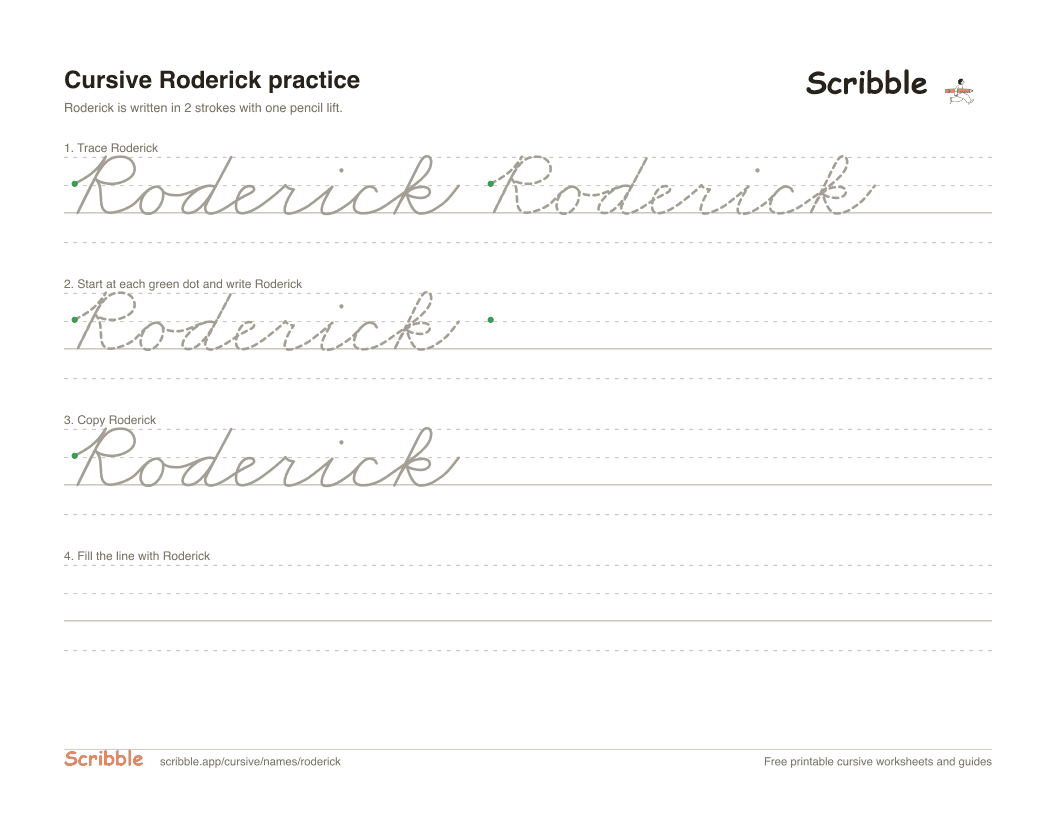 Preview of the printable Roderick in cursive worksheet: trace, copy, and practice rows