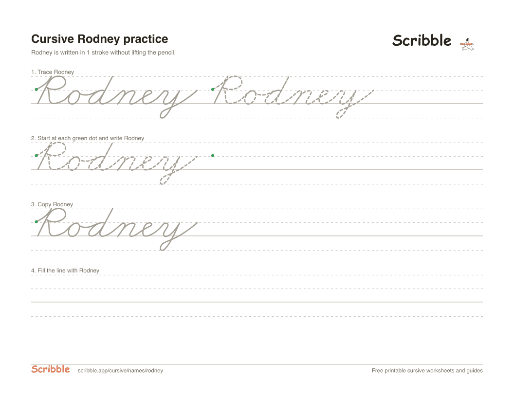 Preview of the printable Rodney in cursive worksheet: trace, copy, and practice rows
