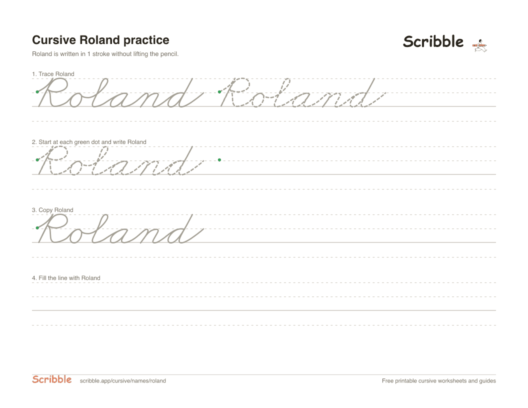 Preview of the printable Roland in cursive worksheet: trace, copy, and practice rows