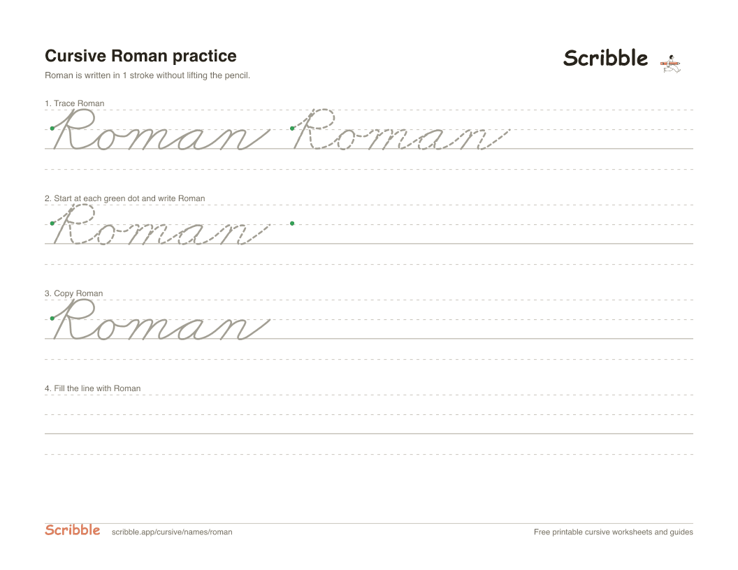 Preview of the printable Roman in cursive worksheet: trace, copy, and practice rows