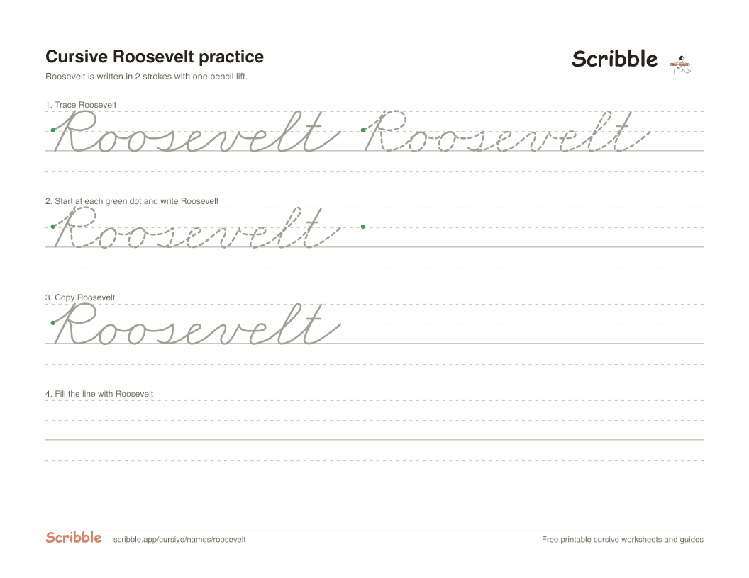 Preview of the printable Roosevelt in cursive worksheet: trace, copy, and practice rows