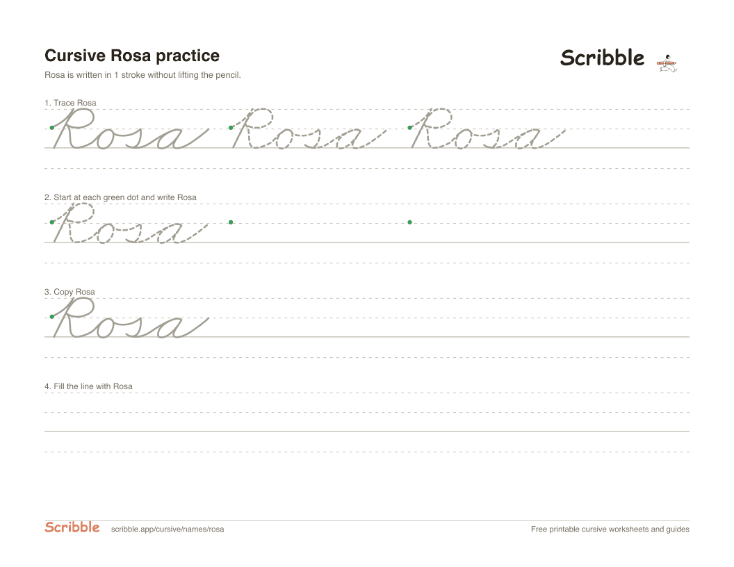 Preview of the printable Rosa in cursive worksheet: trace, copy, and practice rows