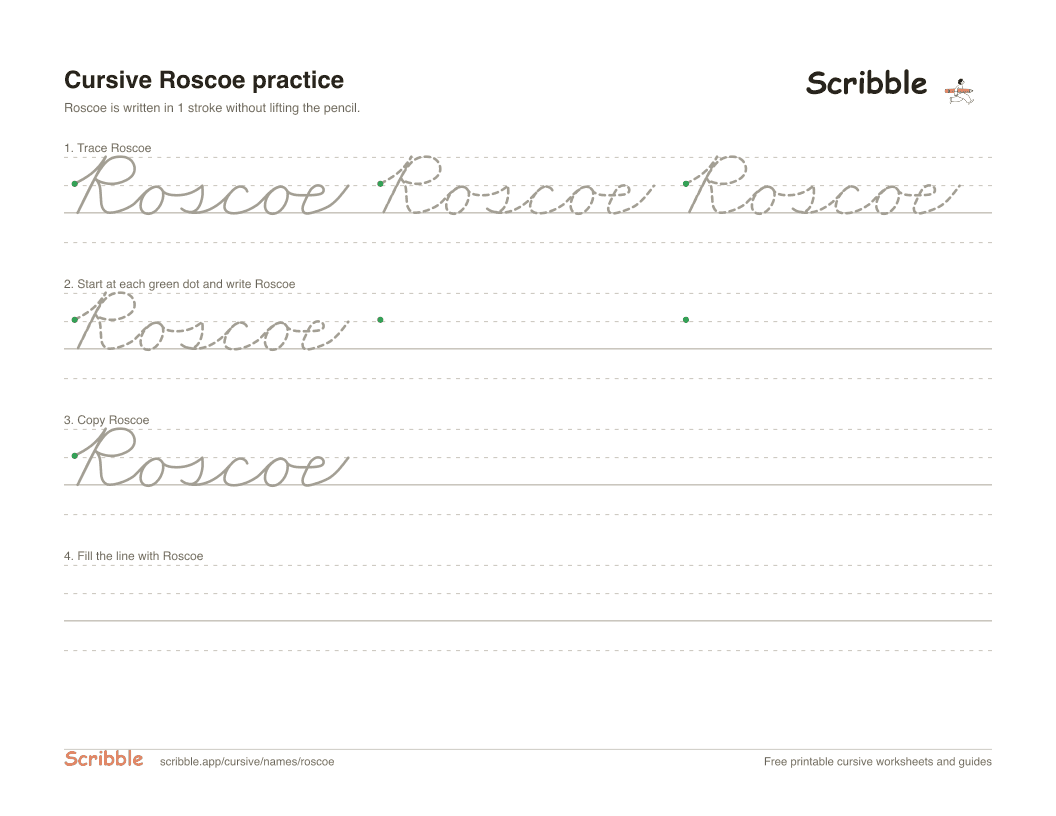 Preview of the printable Roscoe in cursive worksheet: trace, copy, and practice rows