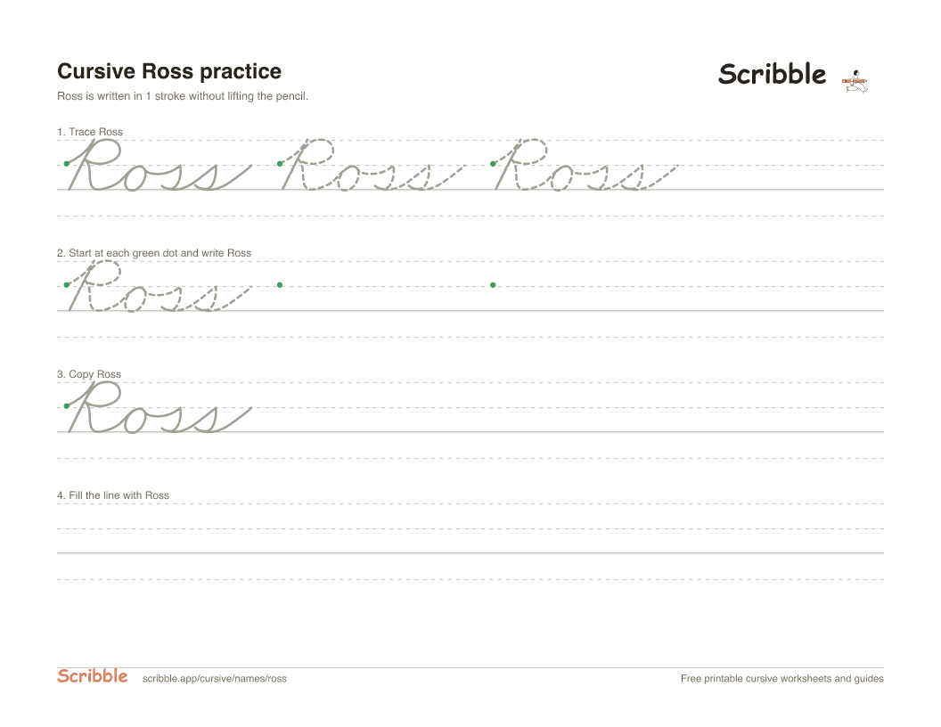 Preview of the printable Ross in cursive worksheet: trace, copy, and practice rows