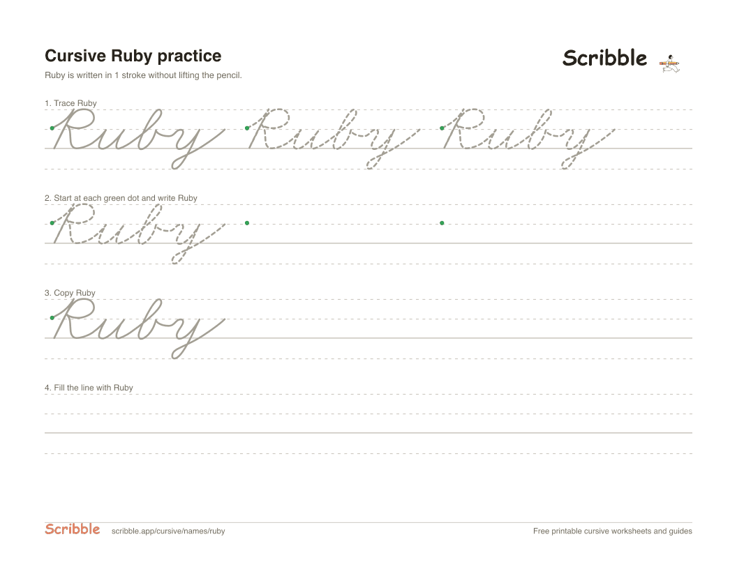 Preview of the printable Ruby in cursive worksheet: trace, copy, and practice rows