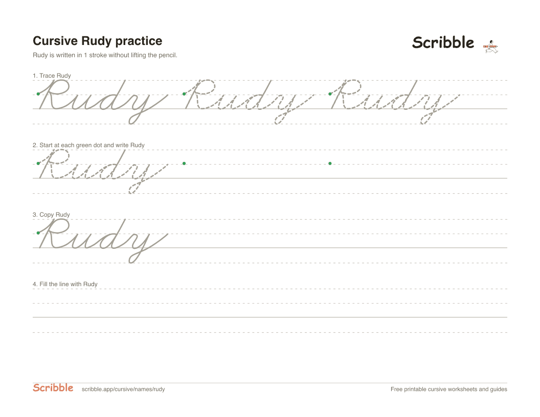 Preview of the printable Rudy in cursive worksheet: trace, copy, and practice rows