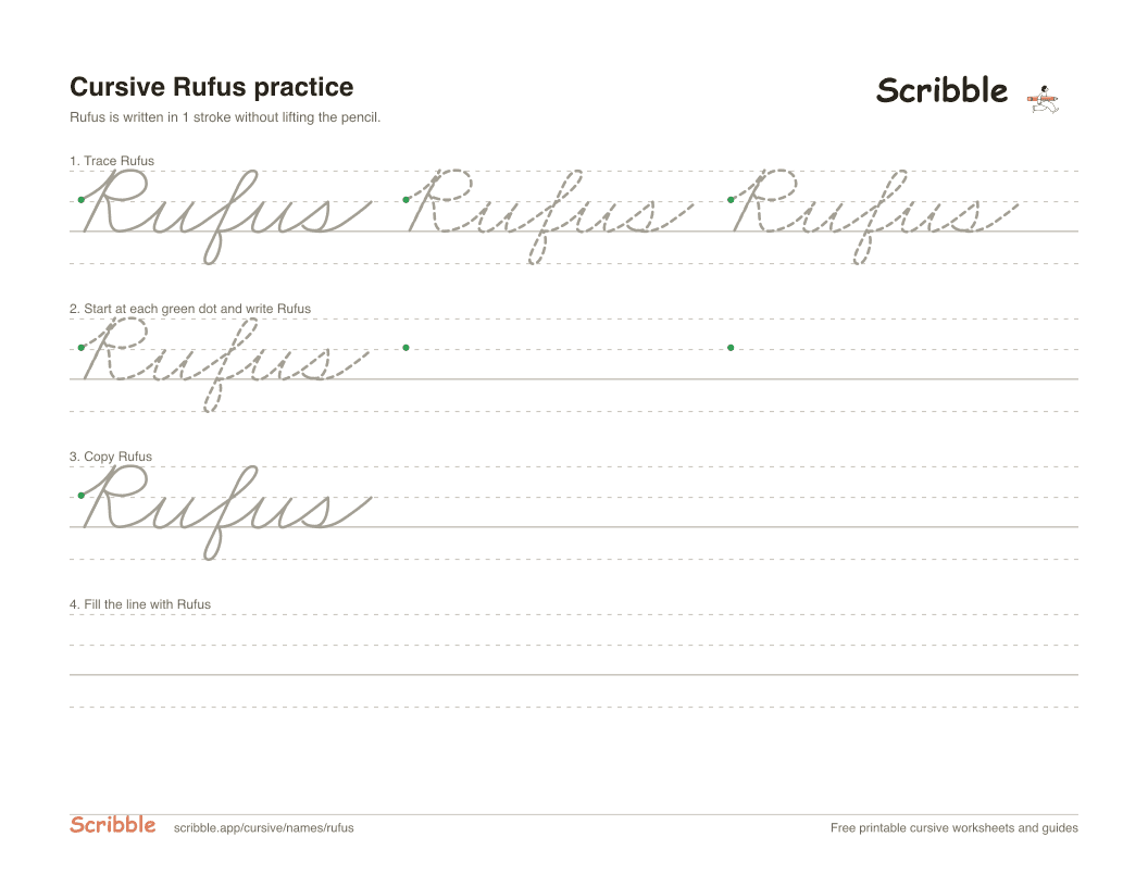Preview of the printable Rufus in cursive worksheet: trace, copy, and practice rows