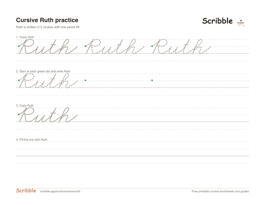 Preview of the printable Ruth in cursive worksheet: trace, copy, and practice rows