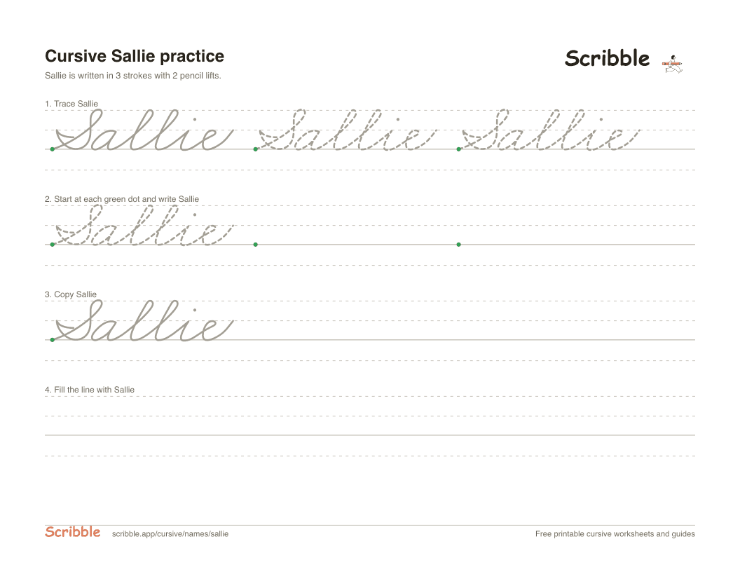 Preview of the printable Sallie in cursive worksheet: trace, copy, and practice rows