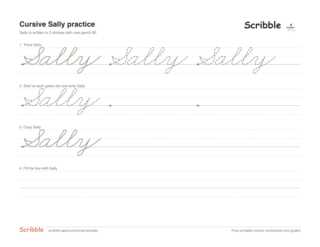 Preview of the printable Sally in cursive worksheet: trace, copy, and practice rows