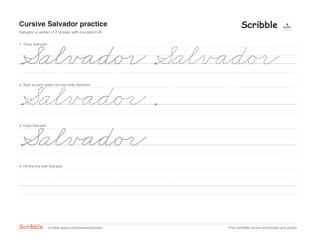 Preview of the printable Salvador in cursive worksheet: trace, copy, and practice rows