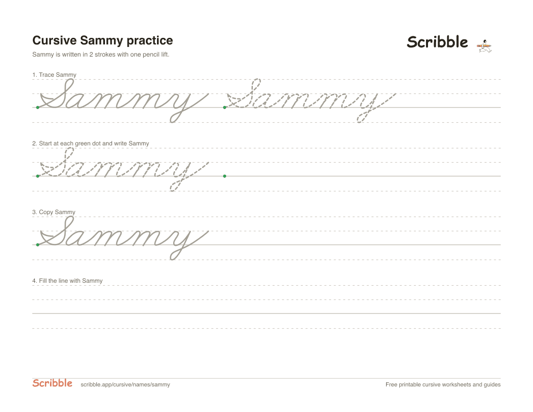 Preview of the printable Sammy in cursive worksheet: trace, copy, and practice rows
