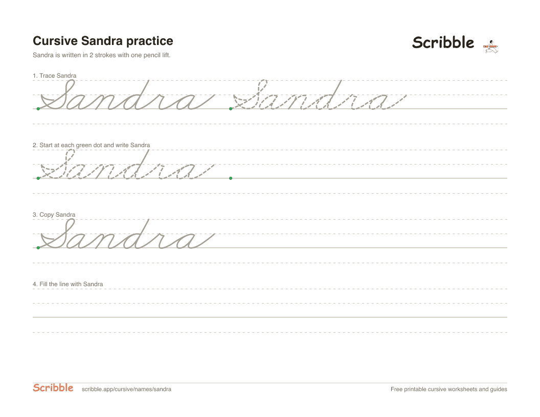 Preview of the printable Sandra in cursive worksheet: trace, copy, and practice rows