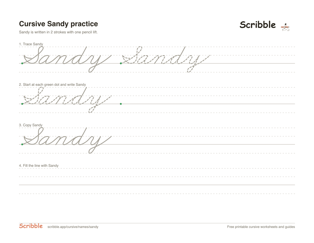 Preview of the printable Sandy in cursive worksheet: trace, copy, and practice rows
