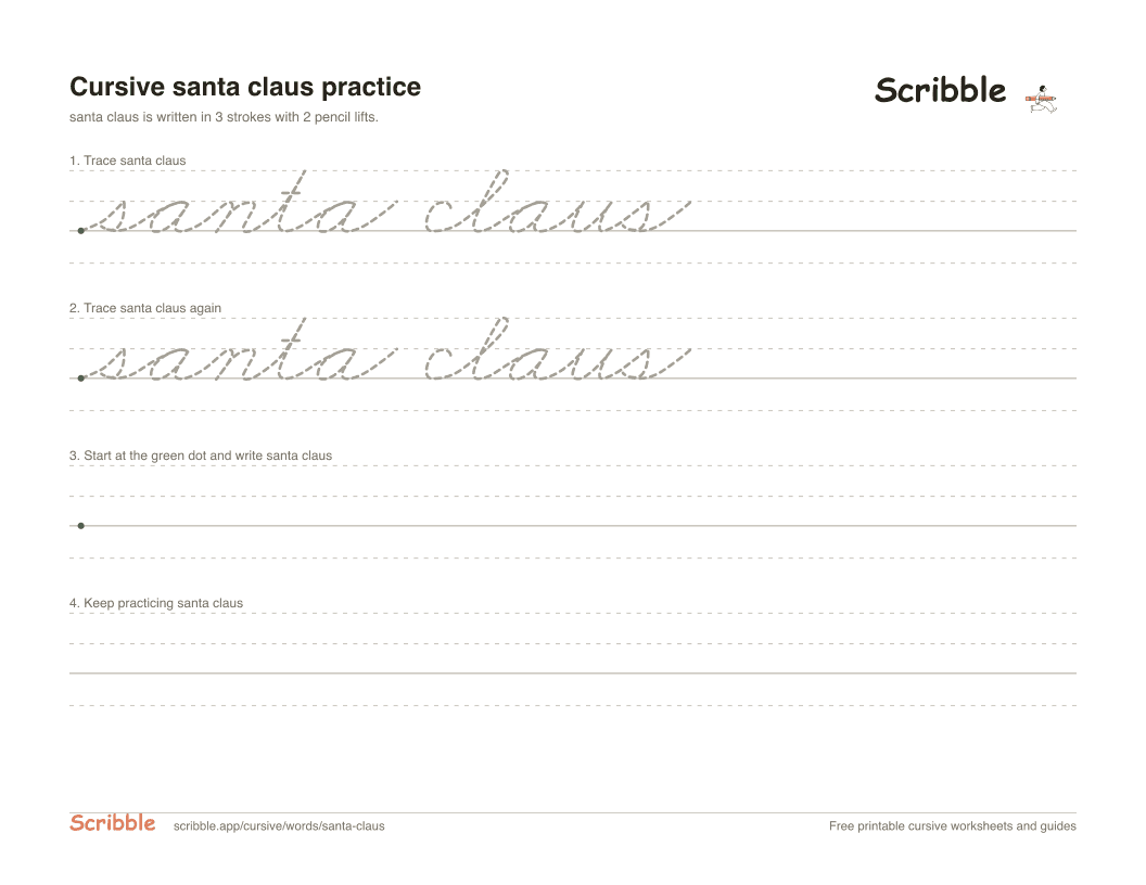 Preview of the printable santa claus in cursive worksheet: trace, copy, and practice rows
